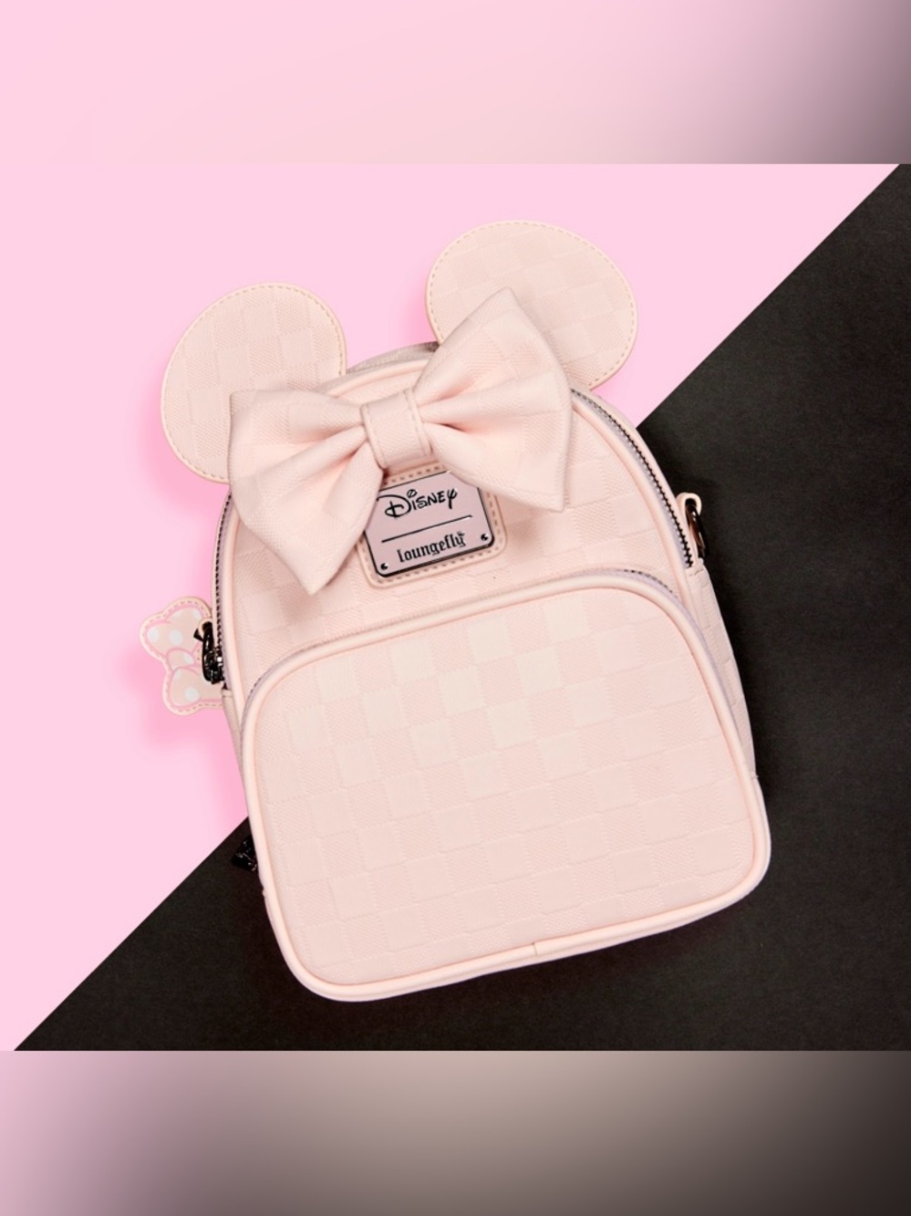 NWT Disney x Loungefly Pink Checkered Minnie Ear Mini Convertible Backpack